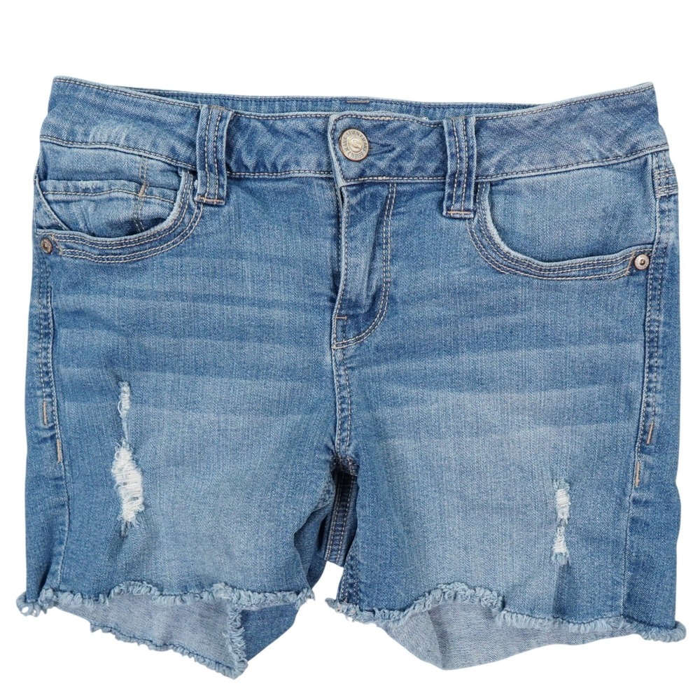 Seven7 Denim Shorts Womens 6 Blue Distressed Raw Hem Logo Streetwear MY3023